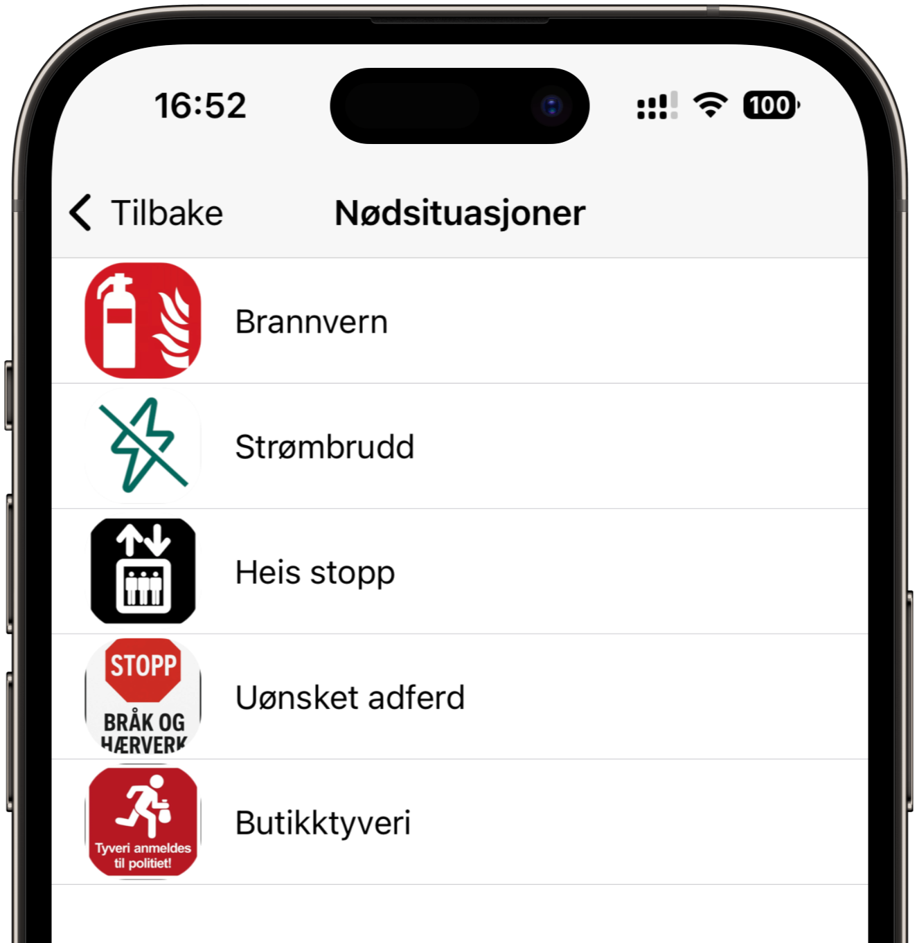 Nødsituasjoner-seksjonen i Libra Shoppings Infohub-app