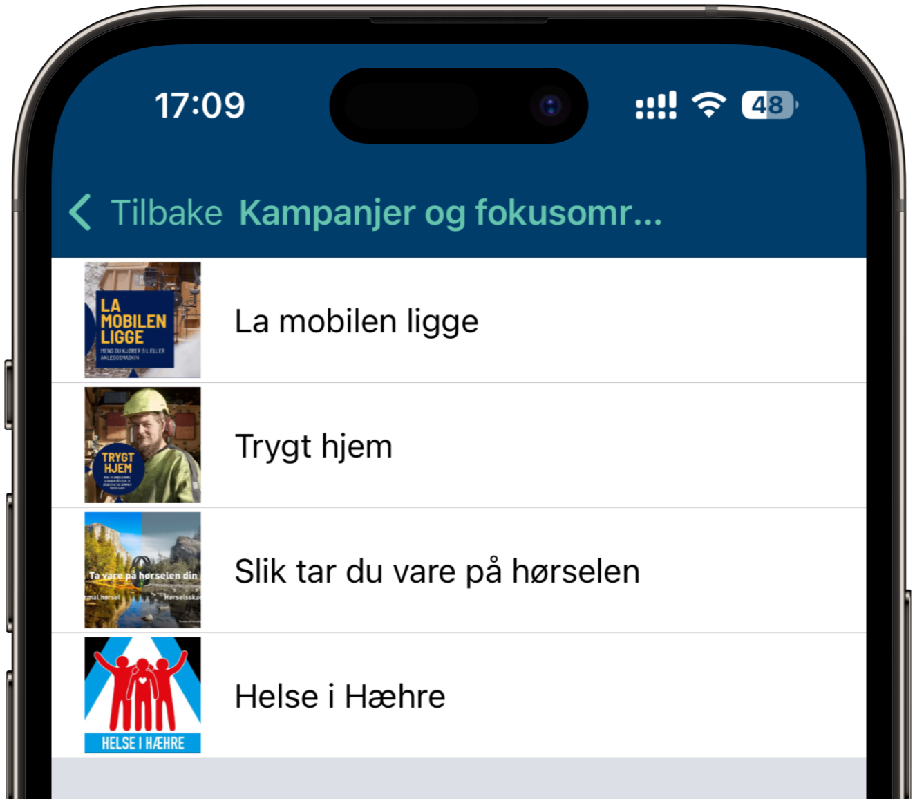 Kampanjer og fokusområder i Hæhres Infohub-app, inkludert Trygt hjem