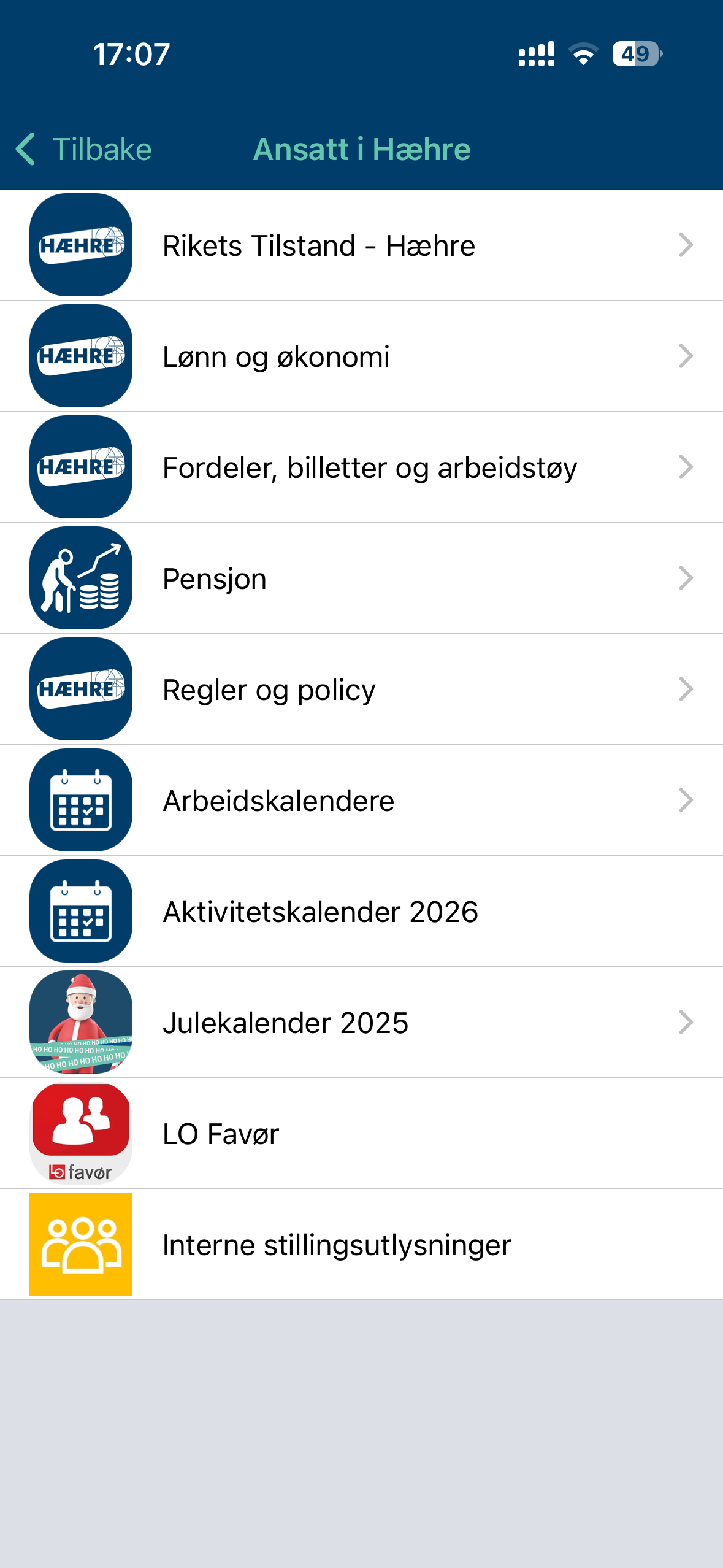 Menyen 'Ansatt i Hæhre' med personalhåndbok, lønn, ferie og mer