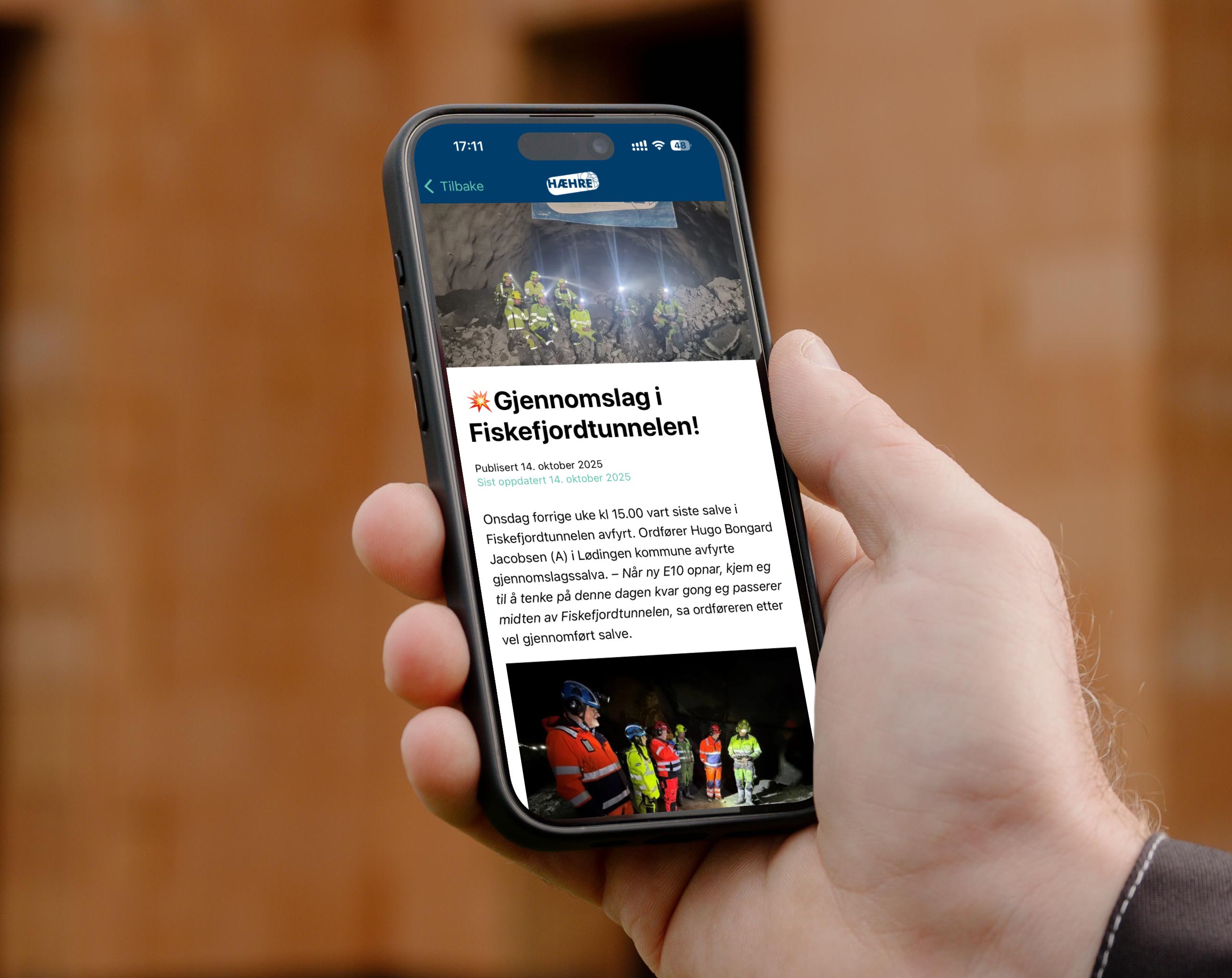 Nyhetsartikkel i Hæhres Infohub-app om gjennomslaget i Fiskefjordtunnelen